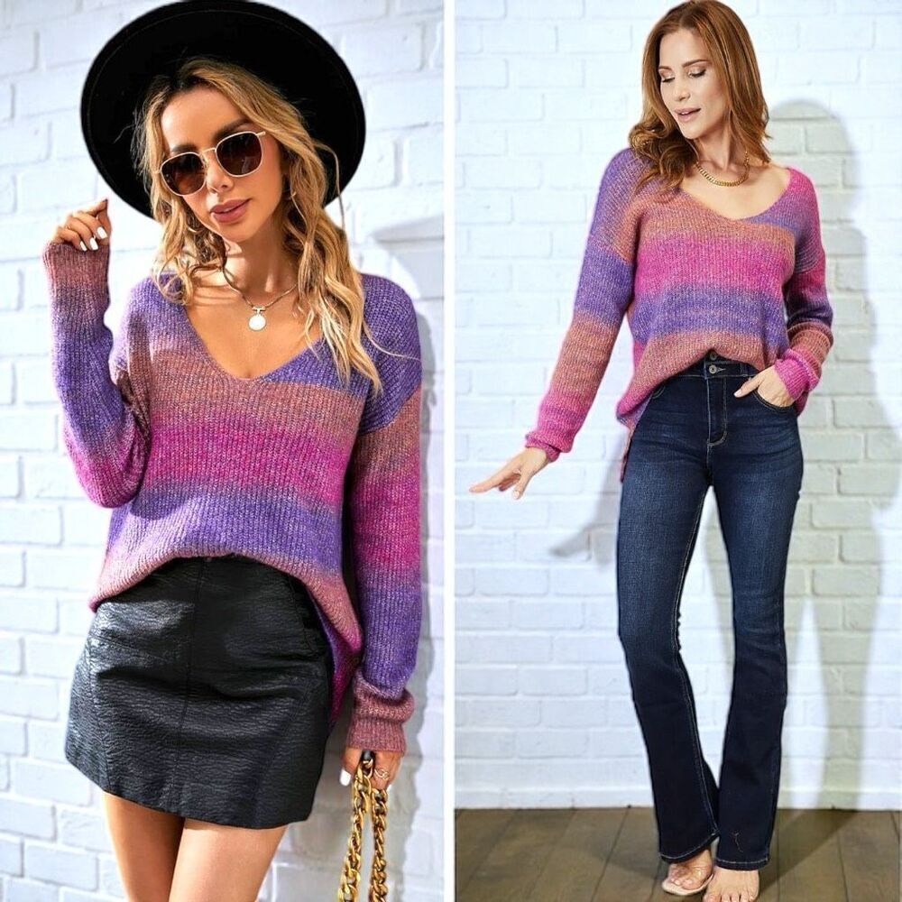 Purple Pink Ombre Rib-Knit V-Neck Knit Pullover Sweater NWT - Double Take